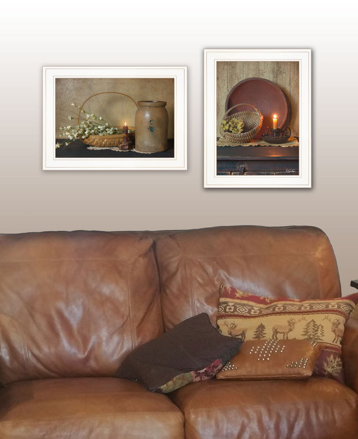 Set Of Two Candle Light and Flowers 1 White Framed Print Wall Art