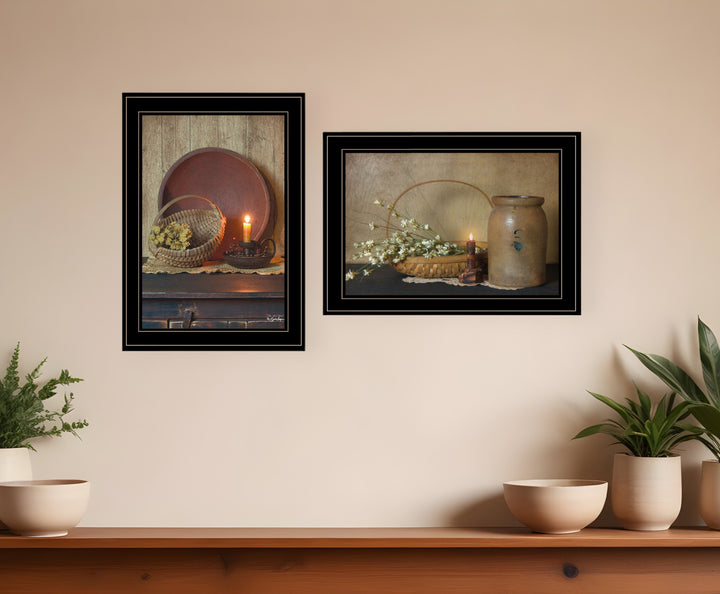 Set Of Two Candle Light and Flowers 2 Black Framed Print Wall Art