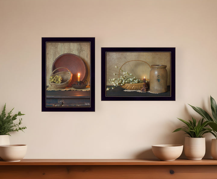 Set Of Two Candle Light and Flowers 3 Black Framed Print Wall Art