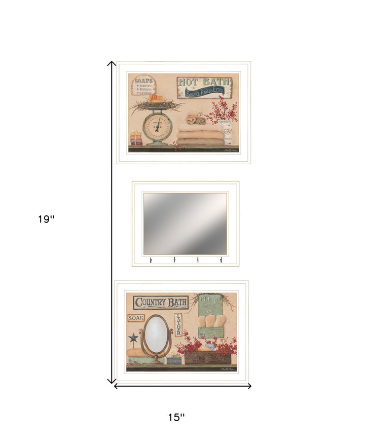 Set Of Three Wash Room White Rim Frame Bathroom Wall Art with Hooks