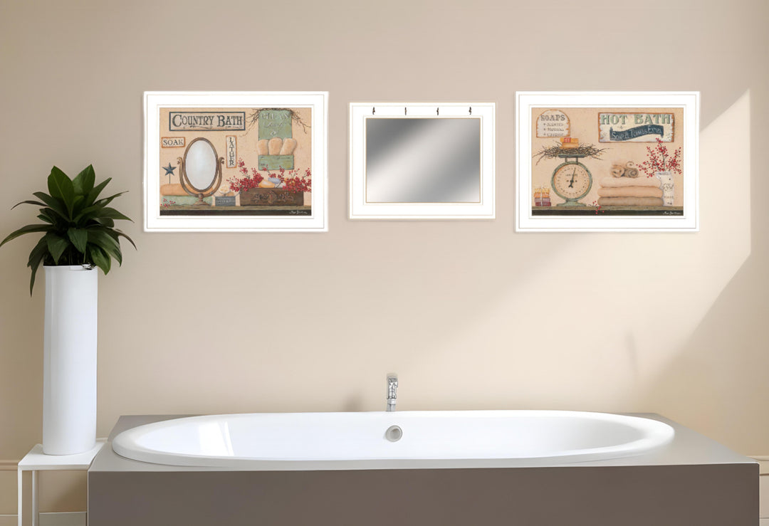 Set Of Three Wash Room White Rim Frame Bathroom Wall Art with Hooks