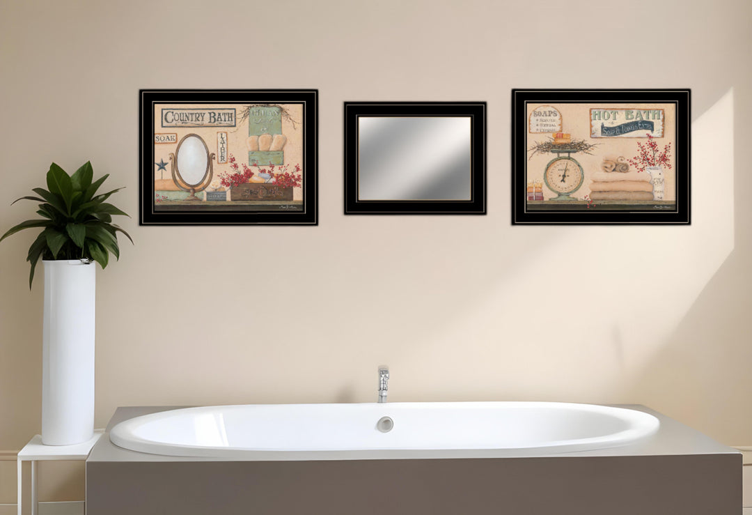 Set Of Three Wash Room Black Rim Frame Bathroom Wall Art with Mirror