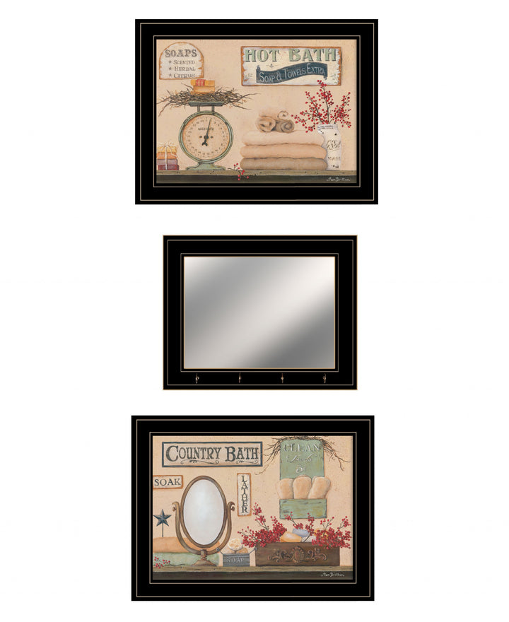 Set Of Three Wash Room Black Rim Frame Bathroom Wall Art with Hooks