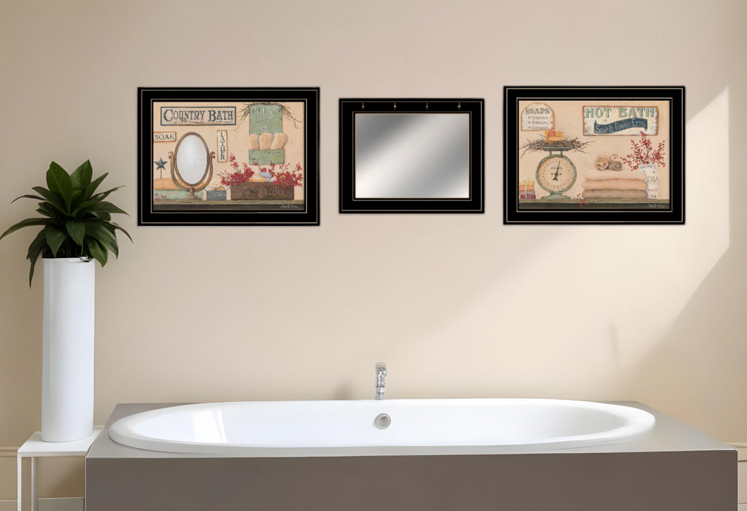 Set Of Three Wash Room Black Rim Frame Bathroom Wall Art with Hooks