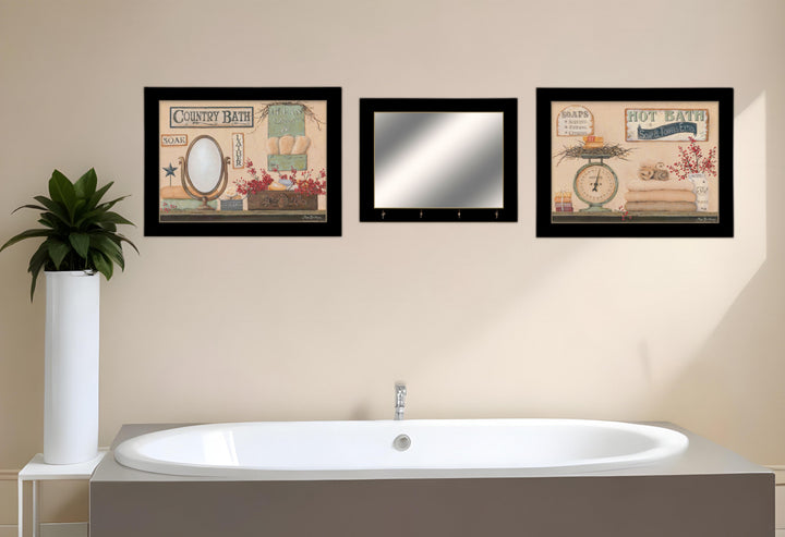 Set Of Three Wash Room Black Frame Bathroom Wall Art with Hooks