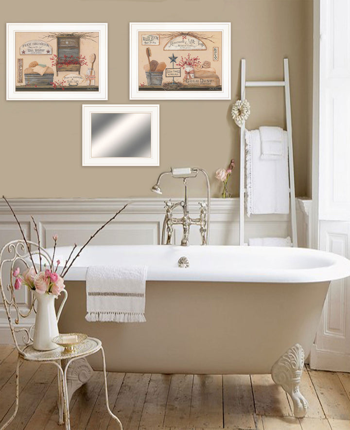 Set Of Three Wash Room White Frame Bathroom Wall Art and Mirror