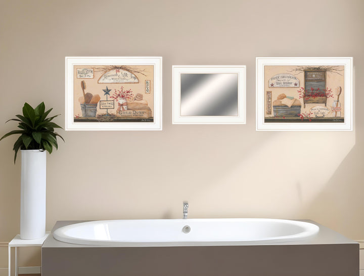 Set Of Three Wash Room White Frame Bathroom Wall Art and Mirror