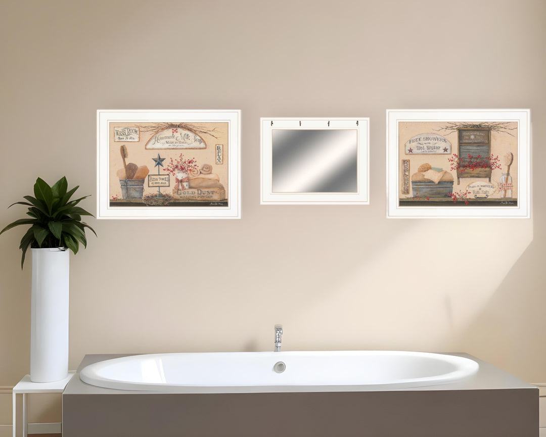 Set Of Three Wash Room White Frame Bathroom Wall Art with Hooks