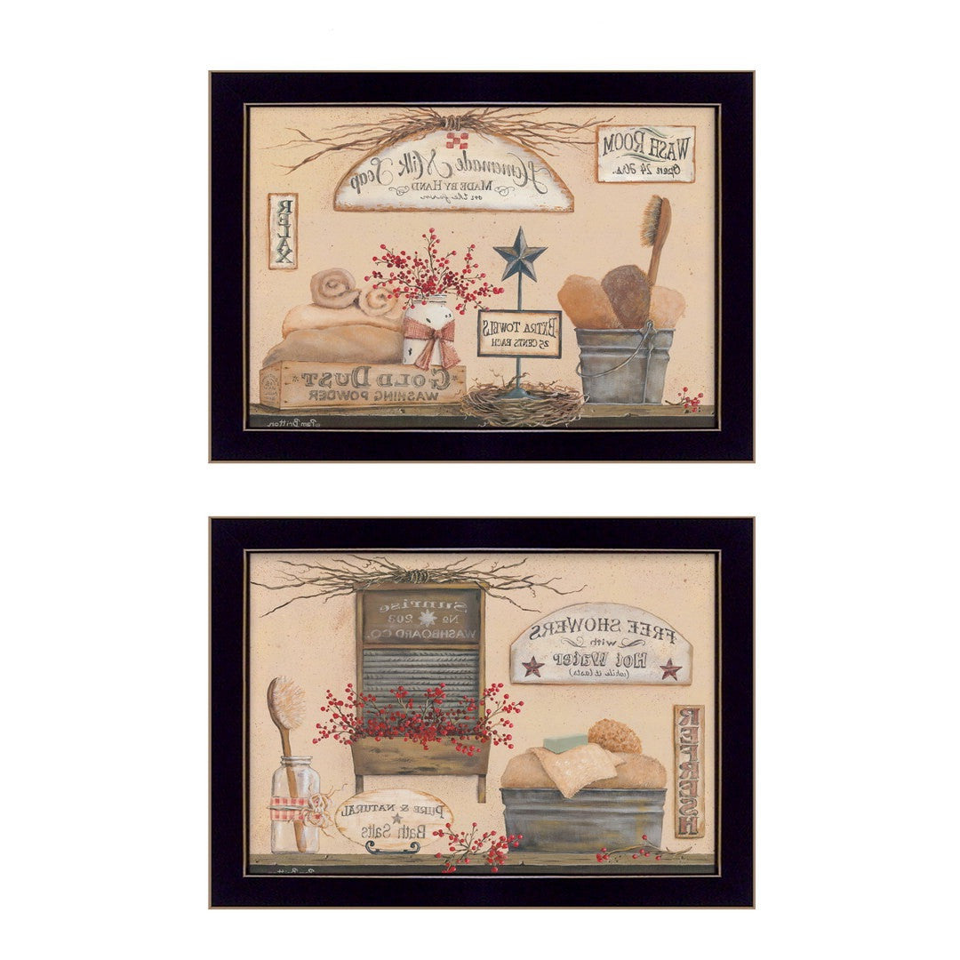 Set Of Two Wash Room Black Framed Print Bathroom Wall Art