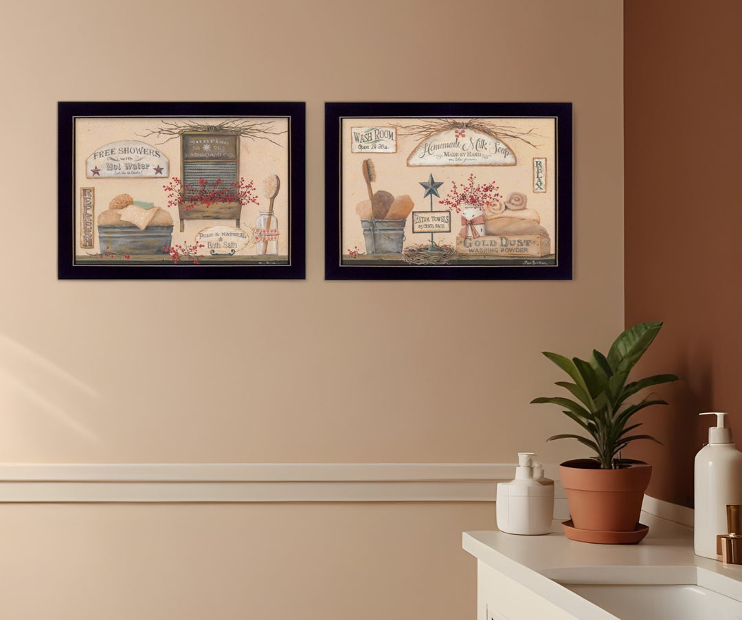 Set Of Two Wash Room Black Framed Print Bathroom Wall Art