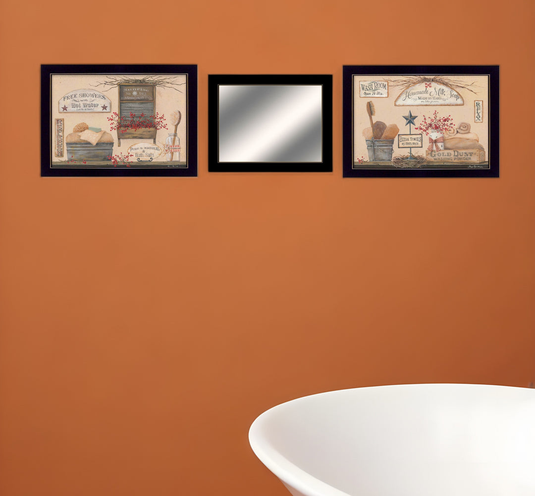 Set Of Three Wash Room 3 Black Framed Print Bathroom Wall Art