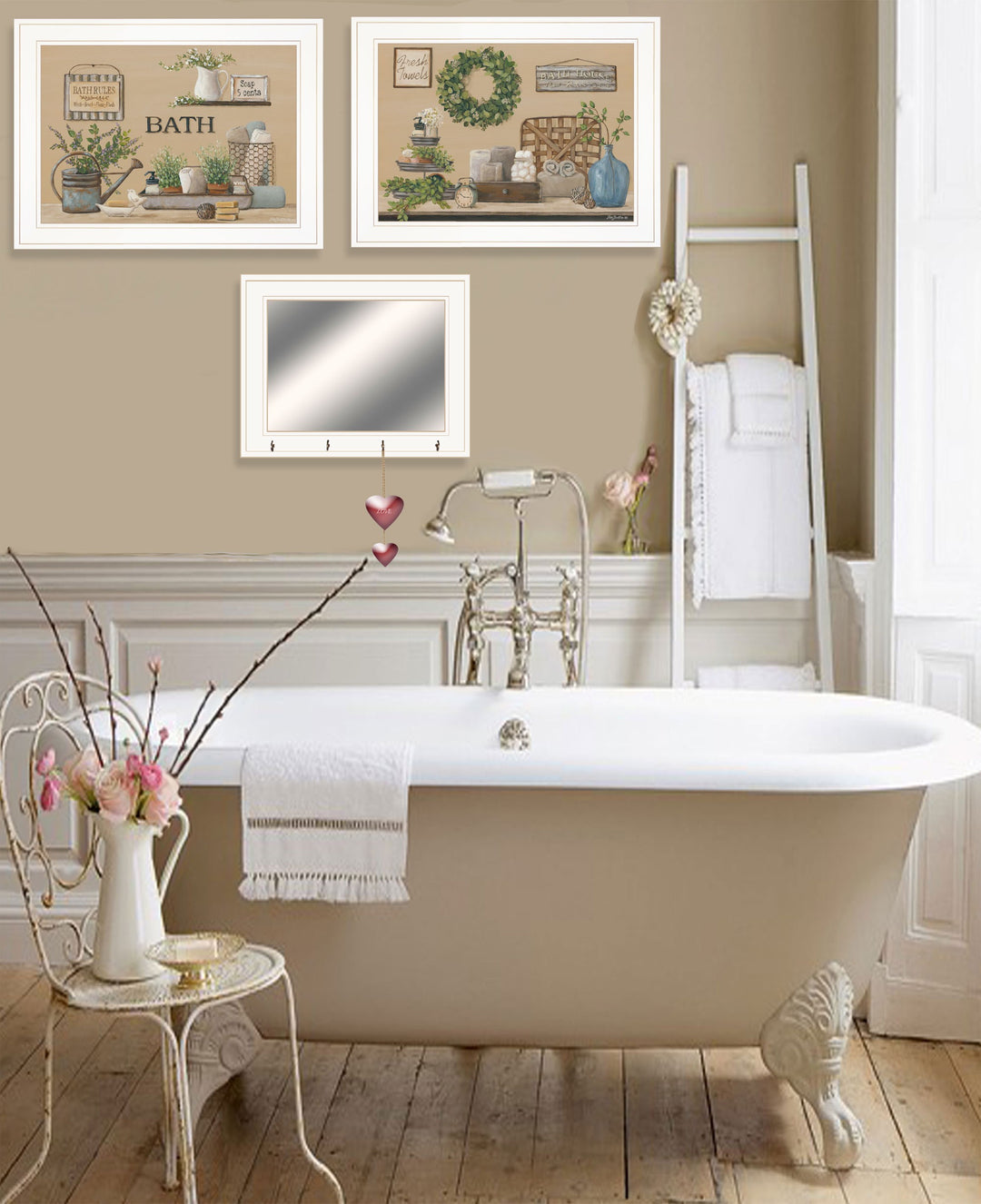 Set Of Three Bath Time 1 White Framed Print Bathroom Wall Art with Mirror