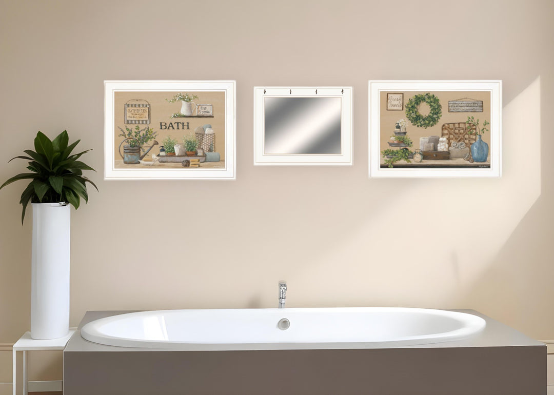 Set Of Three Bath Time 1 White Framed Print Bathroom Wall Art with Mirror