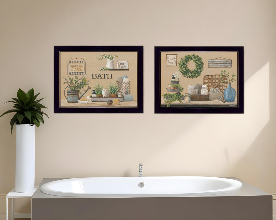 Set Of Two Bath Time 3 Black Framed Print Bathroom Wall Art