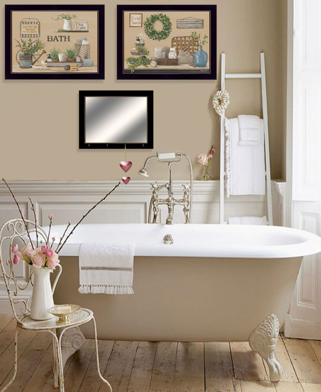 Set Of Three Bath Time 3 Black Framed Print Bath Wall Art with Mirror