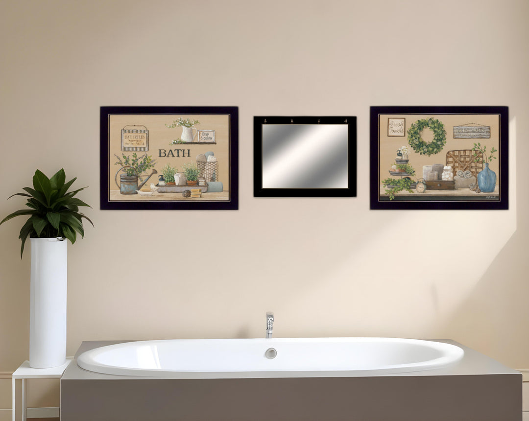 Set Of Three Bath Time 3 Black Framed Print Bath Wall Art with Mirror