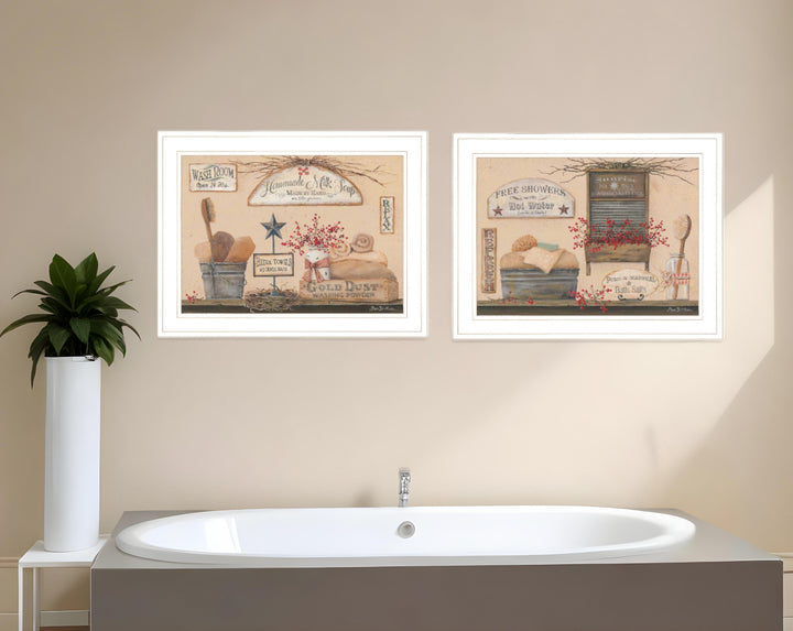 Set Of Two Wash Room 4 White Framed Print Bathroom Wall Art