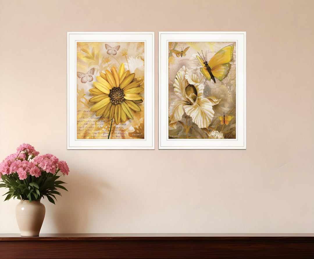 Set Of Two Yellow Flowers And Butterflies White Framed Print Wall Art