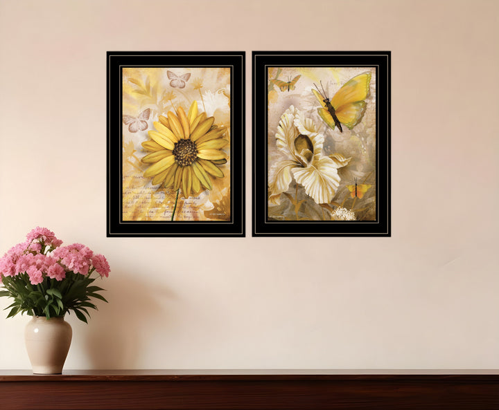 Set Of Two Flowers and Butterflies 2 Black Framed Print Wall Art