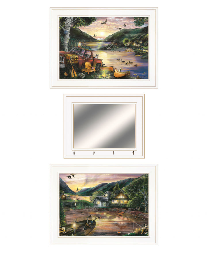 Set Of Three Lakefront Camping 1 White Framed Print Wall Art