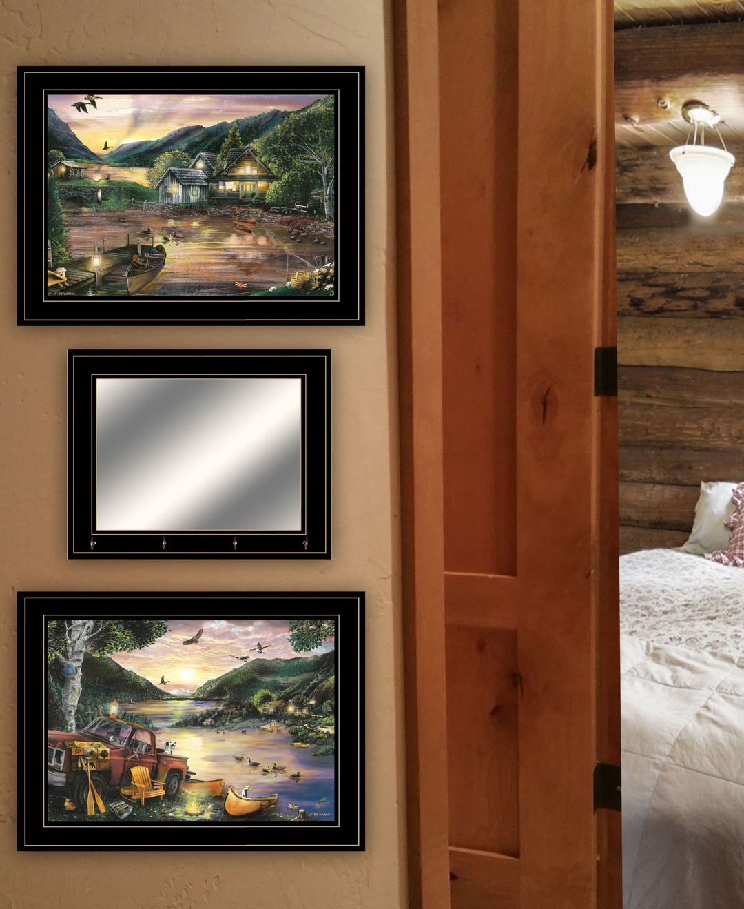 Set Of Three Lakefront Camping 2 Black Framed Print Wall Art