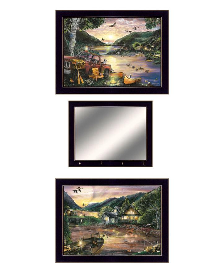 Set Of Three Lakefront Camping 3 Black Framed Print Wall Art