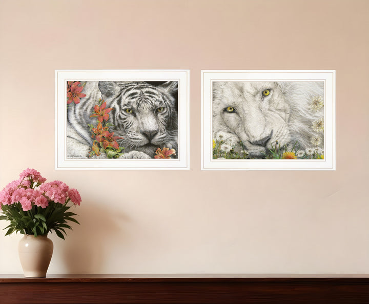 Set Of Two Tiger Lily Dandy Lion 1 White Framed Print Wall Art