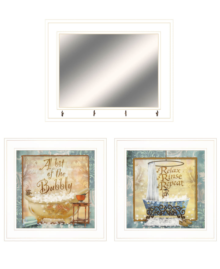 Set Of Three Bit of Bubbly White Framed Bathroom Wall Art With Mirror And Hooks