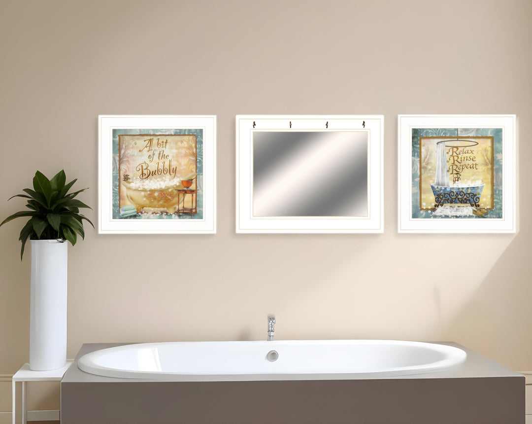 Set Of Three Bit of Bubbly White Framed Bathroom Wall Art With Mirror And Hooks