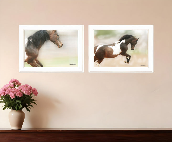 Set Of Two Wild Horses White Framed Print Wall Art