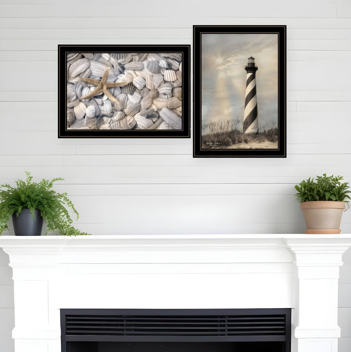 Set Of Two Cape Hatteras Lighthouse and Sea Shells 4 Black Framed Print Wall Art