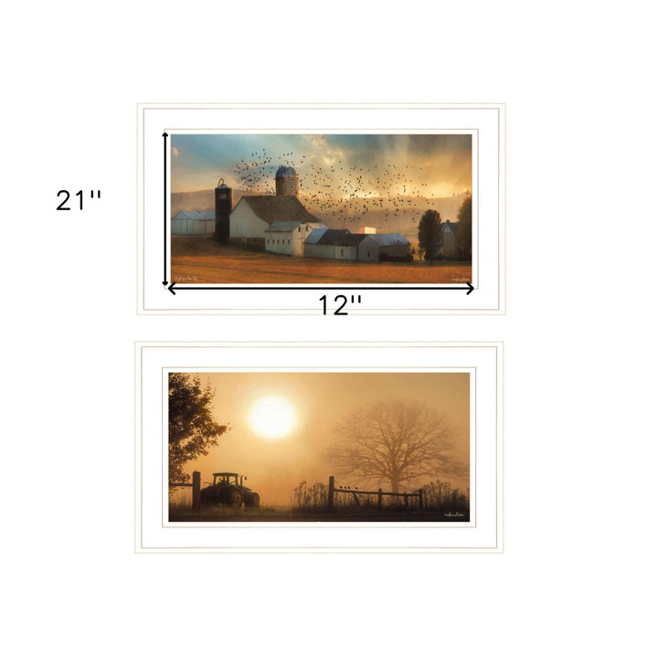 Set Of Two Farm Country Sunrise White Framed Print Wall Art