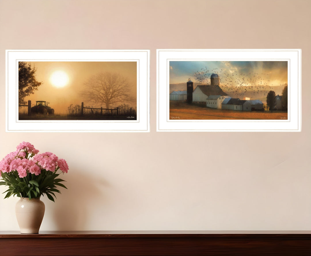 Set Of Two Farm Country Sunrise White Framed Print Wall Art