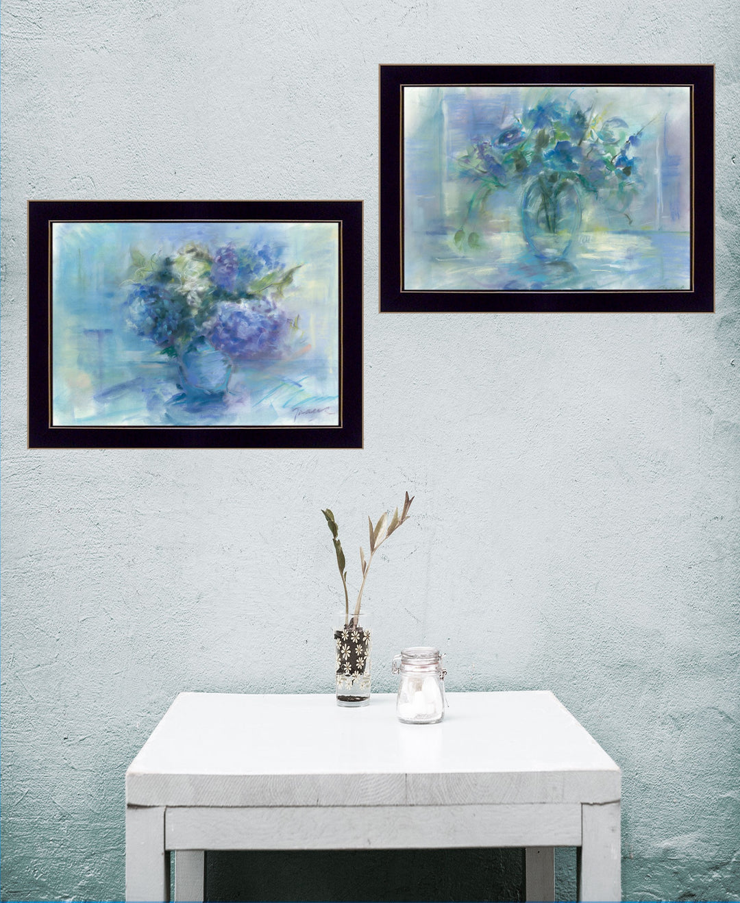 Set Of Two Susies Blue Bouquet 3 Black Framed Print Wall Art