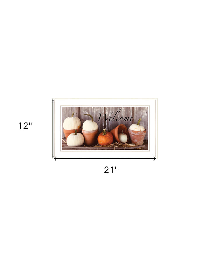 Welcome Pumpkin Shelf 1 White Framed Print Wall Art