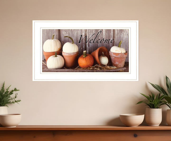 Welcome Pumpkin Shelf 1 White Framed Print Wall Art