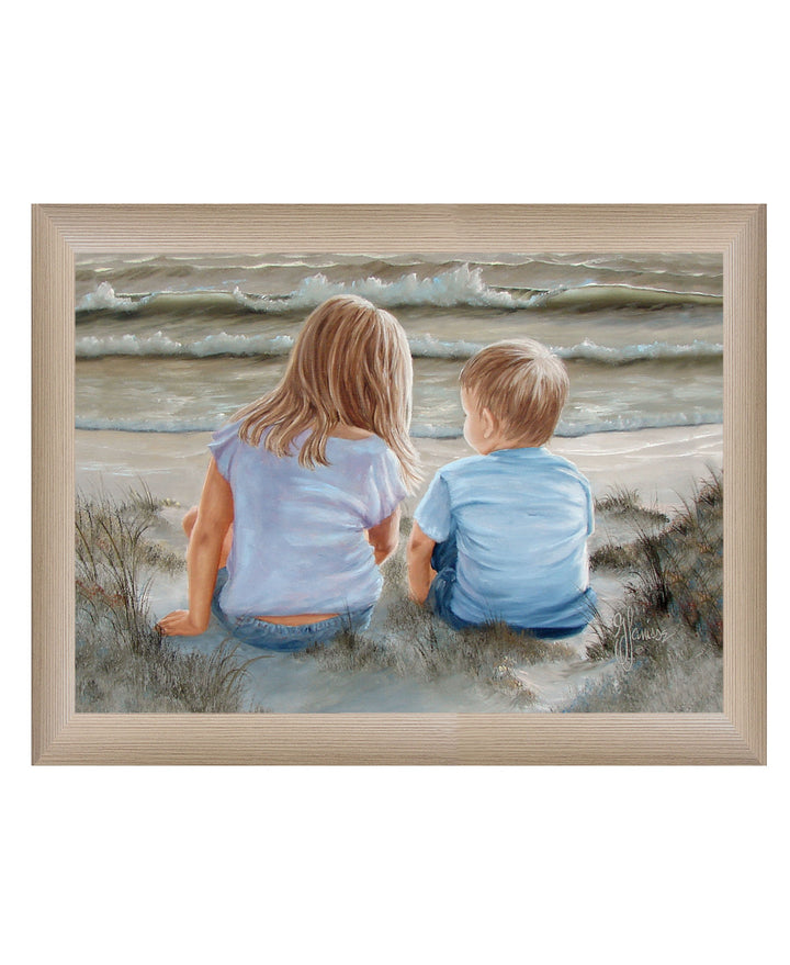 Boy and Girl Sitting in Dunes Brown Framed Print Wall Art