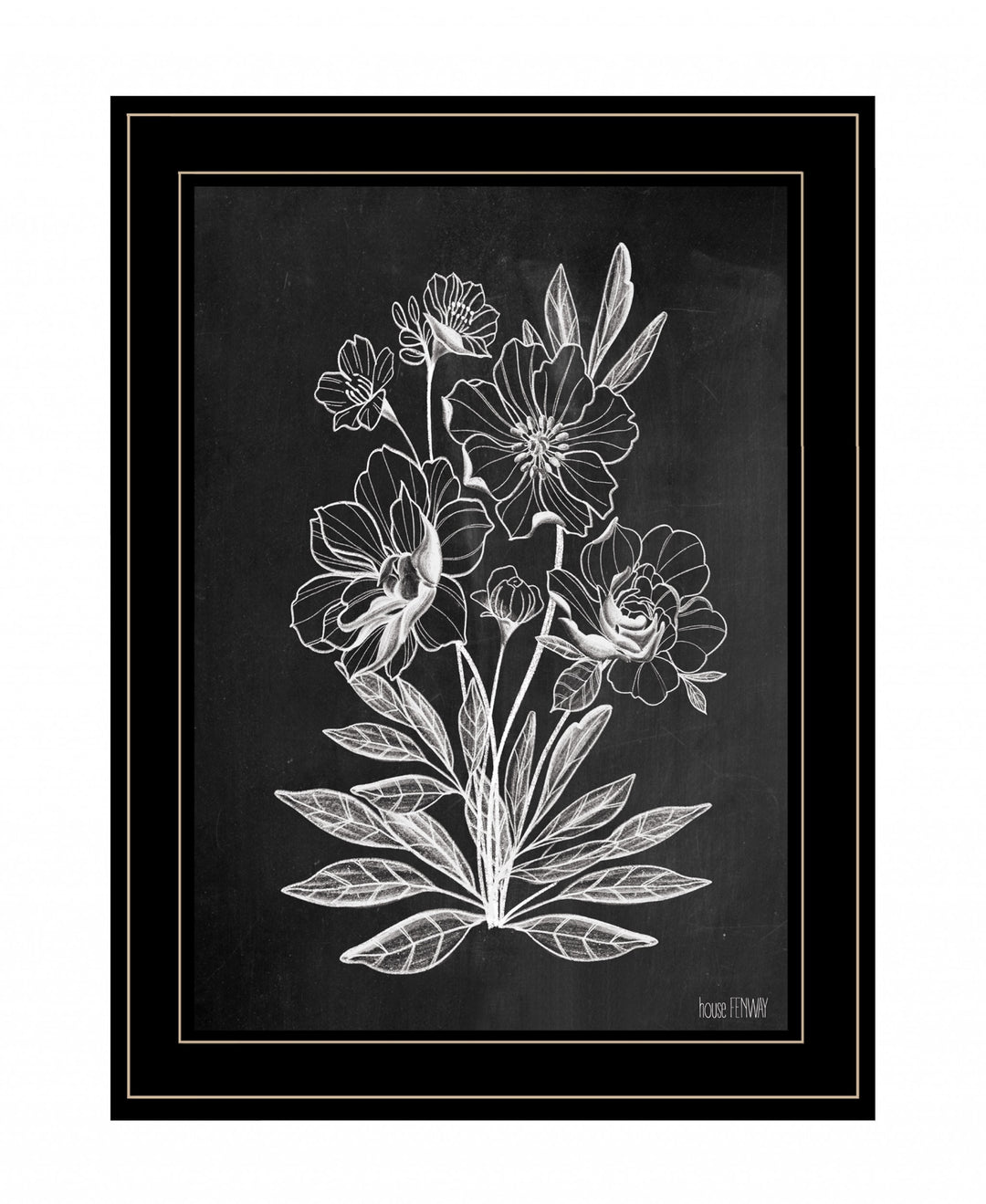 Vintage Chalkboard Flowers Black Framed Print Wall Art