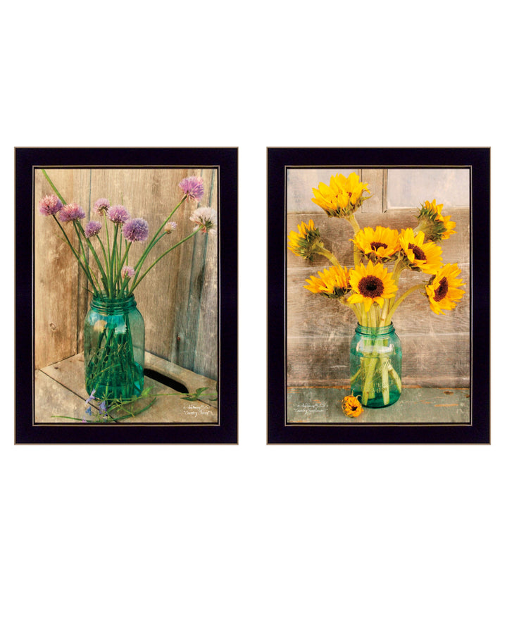 Set Of Two Country Sunflowers and Chives 1 White Framed Print Wall Art