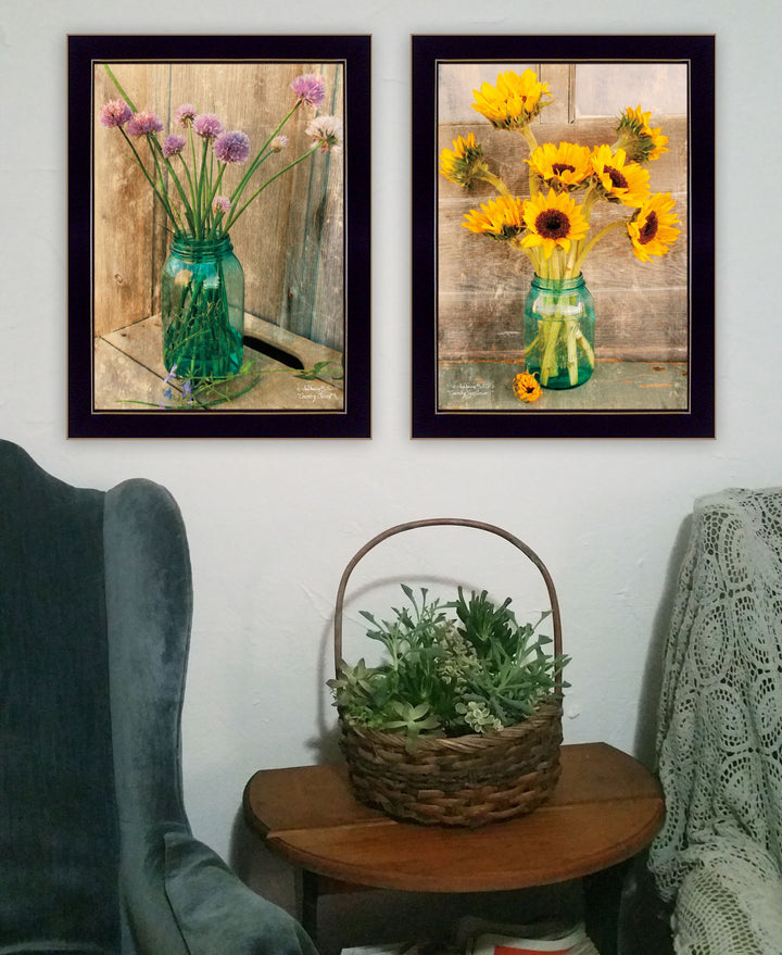 Set Of Two Country Sunflowers and Chives 1 White Framed Print Wall Art