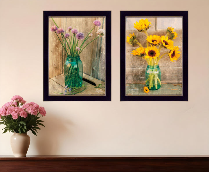 Set Of Two Country Sunflowers and Chives 1 White Framed Print Wall Art