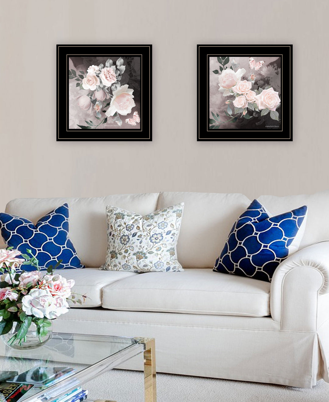 Set Of Two Noir Roses 2 Black Framed Print Wall Art