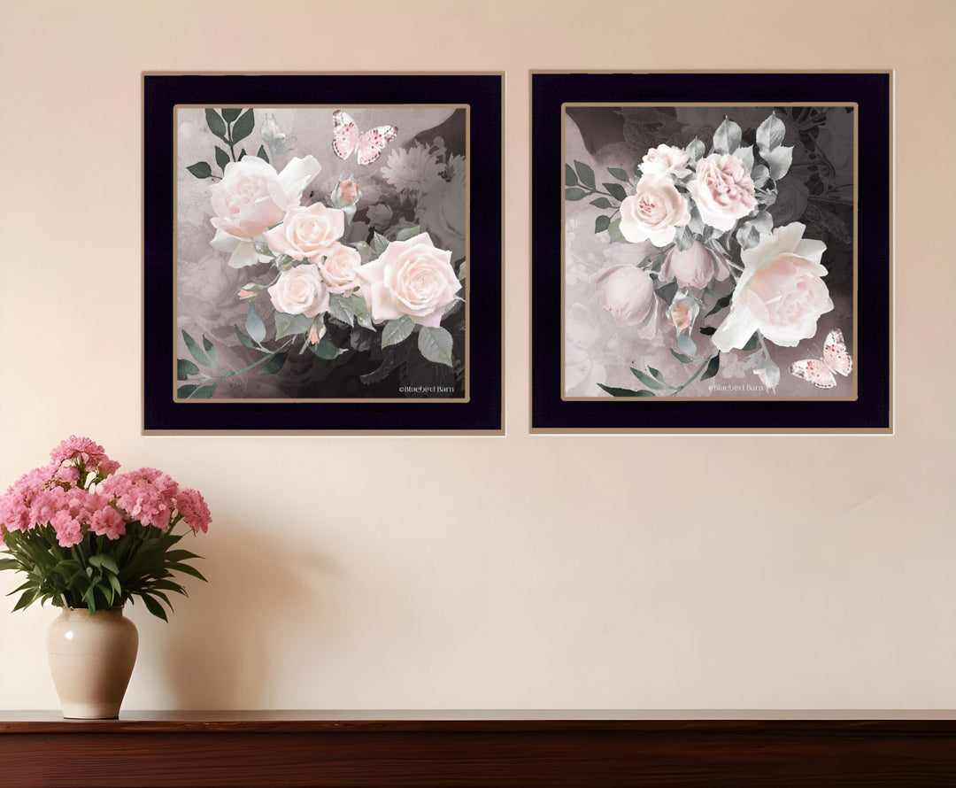 Set Of Two Noir Roses 2 Black Framed Print Wall Art