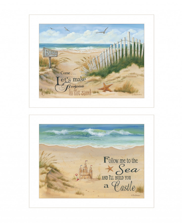 Set Of Two Sand Castle and Footprints 1 White Framed Print Wall Art