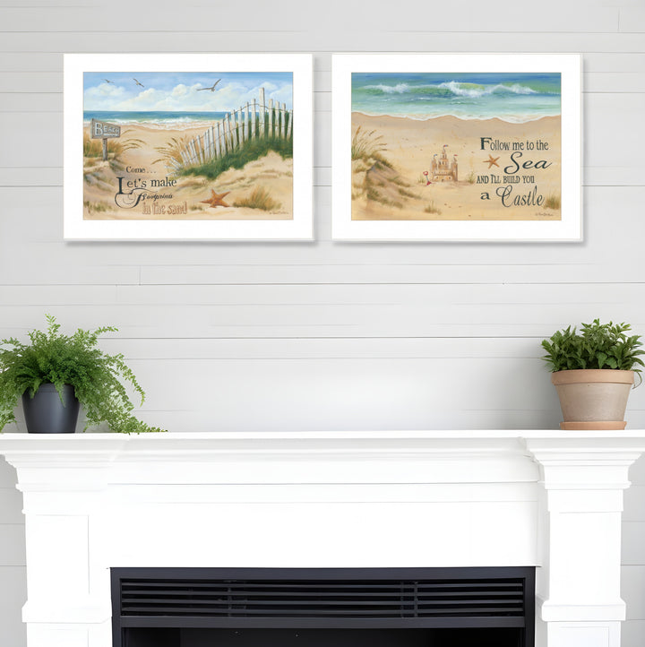 Set Of Two Sand Castle and Footprints 1 White Framed Print Wall Art