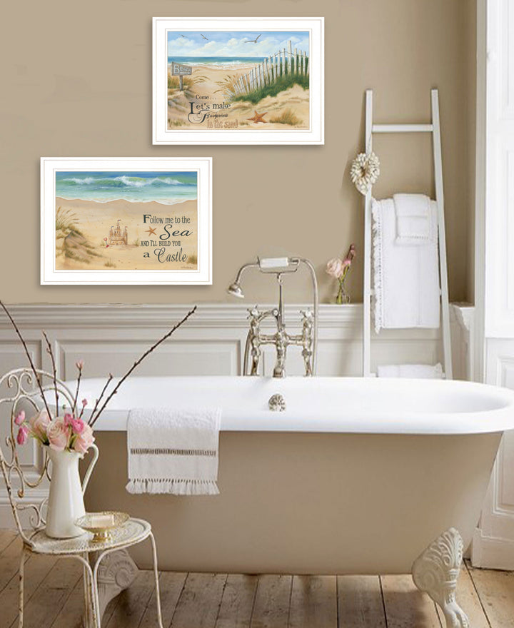 Set Of Two Sand Castle and Footprints 2 White Framed Print Wall Art