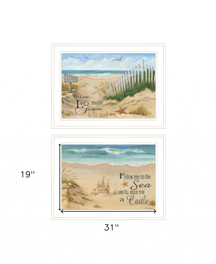 Set Of Two Sand Castle and Footprints 2 White Framed Print Wall Art