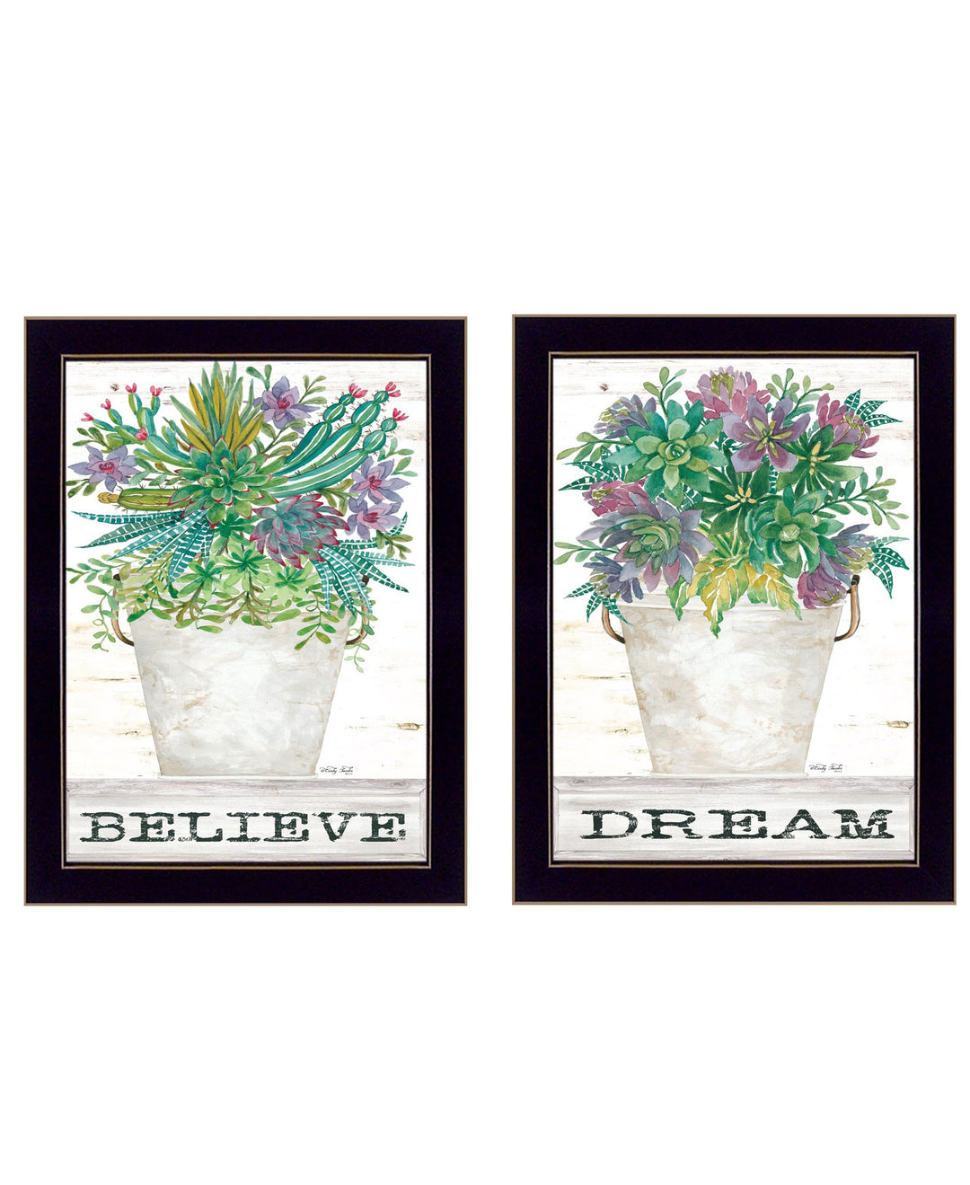 Set Of Two Succulents Dream and Believe Black Framed Print Wall Art