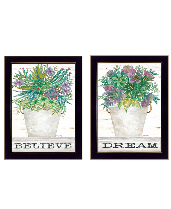 Set Of Two Succulents Dream and Believe Black Framed Print Wall Art