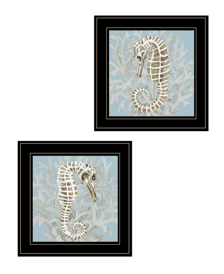 Set Of Two Coral Seahorse 1 Black Framed Print Wall Art